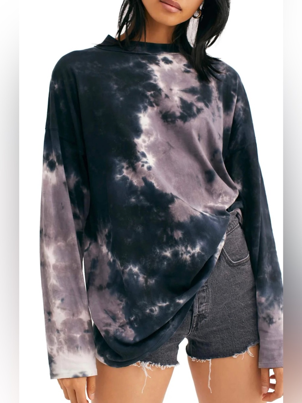 Free People Oversized Black Tie Dye Long Sleeve Tee Shirt Size XS/S Boho Grunge